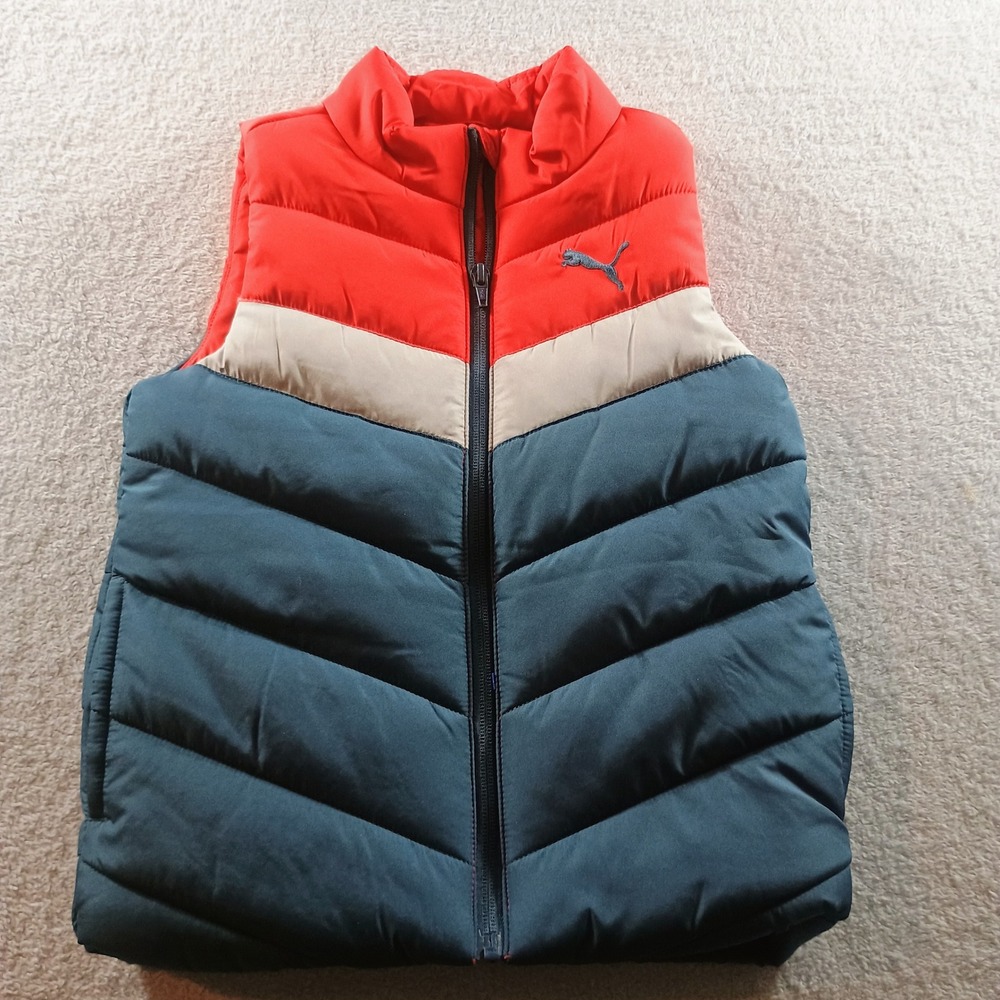 Puma Kids Puffer Vest‎ Red Navy Blue Tan XS 5/6 Colorblock Quilted Zip Up
